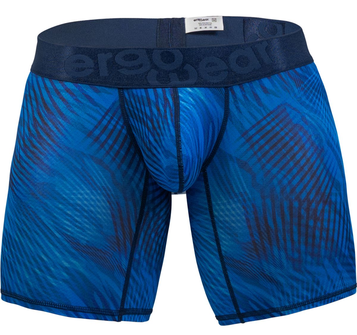 Men’s mid blue ErgoWear EW1819 MAX BOLD SE boxer briefs with blue pattern and dark blue branded elastic waistband