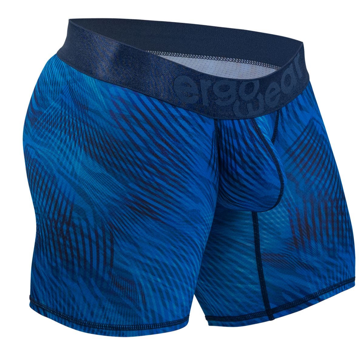 Blue patterned men’s boxer briefs with dark blue ergo wear logo waistband in mid blue color for everyday comfort