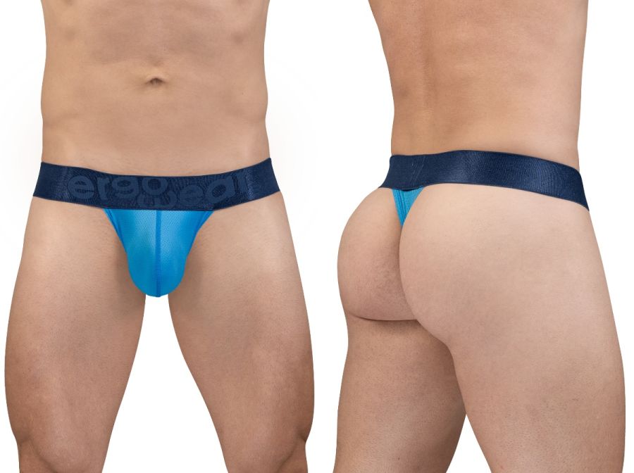 Blue sheer thong with dark blue Aerogear elastic waistband from Ergowear EW1820 MAX BOLD SE g-string River Blue