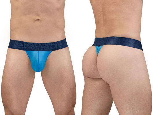 Blue sheer thong with dark blue Aerogear elastic waistband from Ergowear EW1820 MAX BOLD SE g-string River Blue