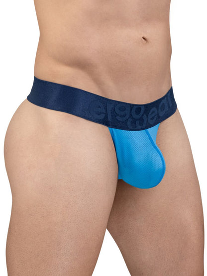 Blue mesh thong with navy blue elastic waistband featuring the er90gear logo ergo wear ew1820 max bold se g-string river blue