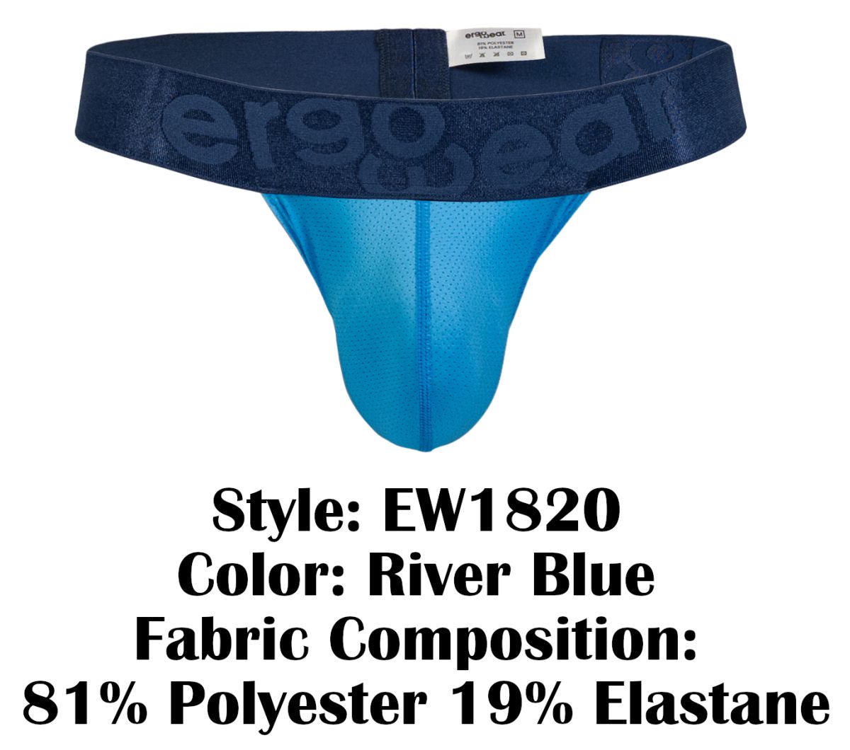 River blue ergogear ew1820 thong with mesh front panel made of 81% polyester 19% elastane for comfortable wear