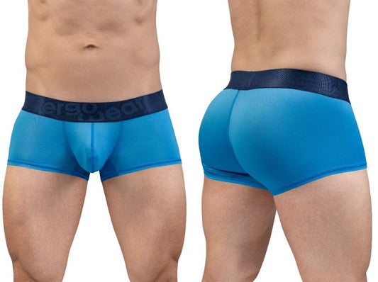 Blue mesh briefs with dark blue elastic waistband featuring ergodeal logo in river blue ergo wear ew1822 max bold se trunks