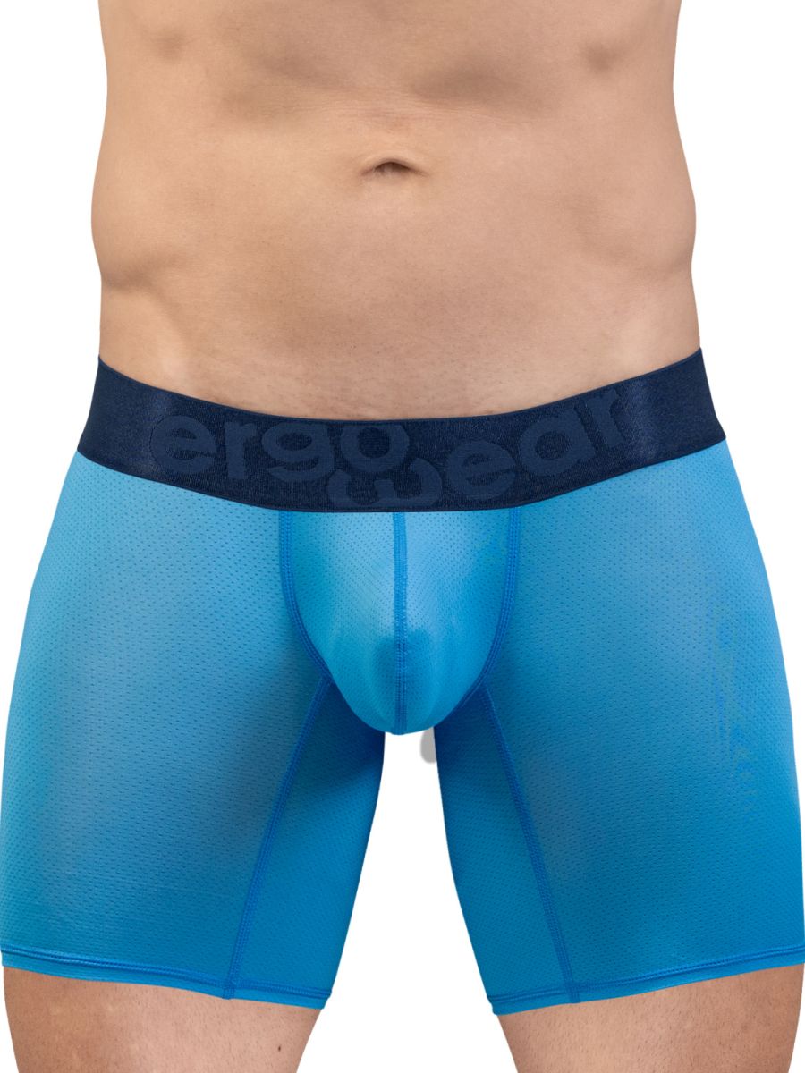 Blue sheer ergoWear EW1823 MAX BOLD SE boxer briefs with dark blue aerogear waistband in river blue color