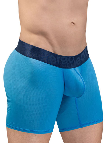 Bright blue form-fitting men’s boxer briefs with dark navy elastic waistband featuring ergo wear brand name