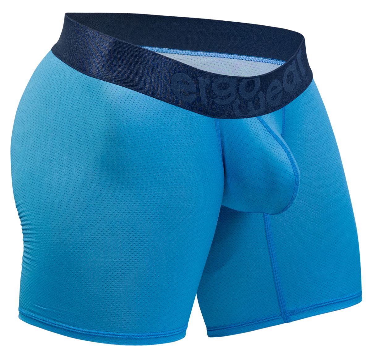 Bright blue ergonomic boxer briefs with a dark navy waistband featuring the ergo wear logo in river blue color