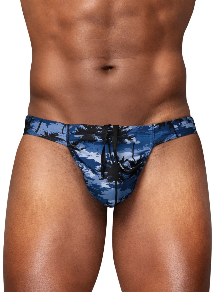 Blue tropical palm tree patterned swim bikini by ergowear in dark blue with black drawstring for swimwear use