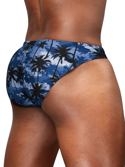 Blue tropical palm tree patterned swim bikini in dark blue by ErgoWear ideal for swimwear and beach use