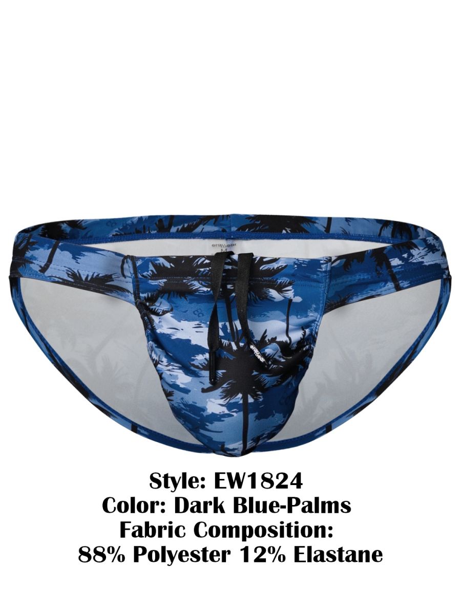 Dark blue ergo wear ew1824 feel sw swim bikini featuring black palm tree pattern made of 88 polyester 12 elastane