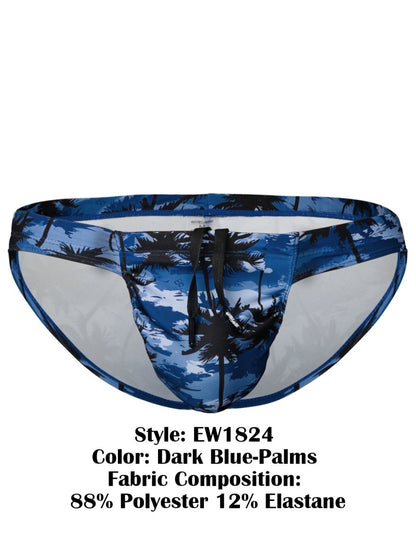 Dark blue ergo wear ew1824 feel sw swim bikini featuring black palm tree pattern made of 88 polyester 12 elastane