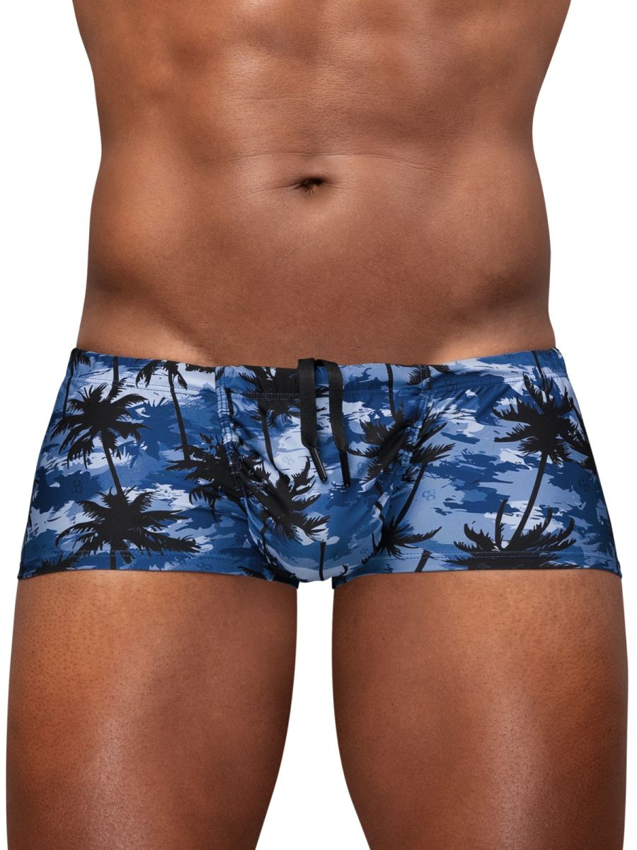 Blue and black palm tree patterned swim trunks with drawstring waistband by Ergowear in dark blue color
