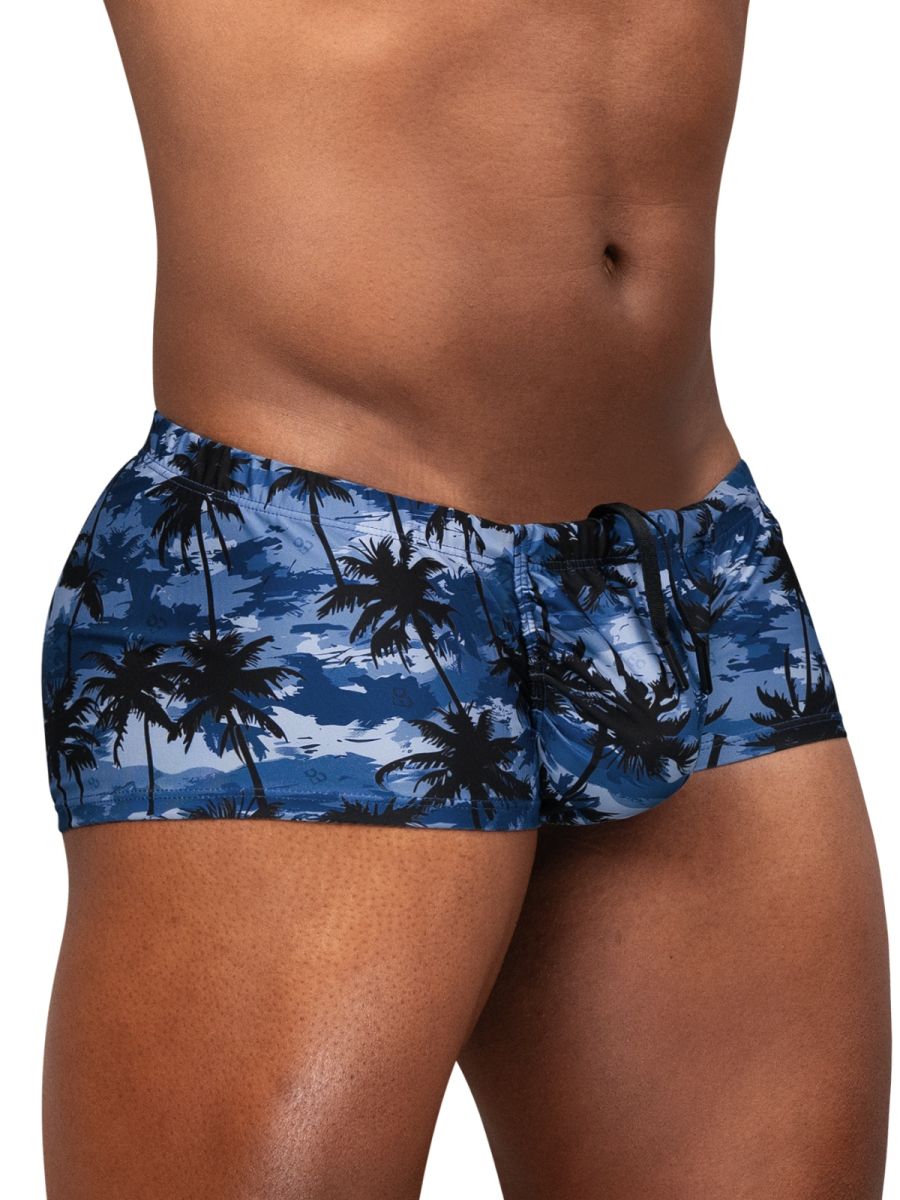 Ergowear ew1825 feel sw dark blue palms swim trunks with blue and black palm tree pattern and drawstring waistband