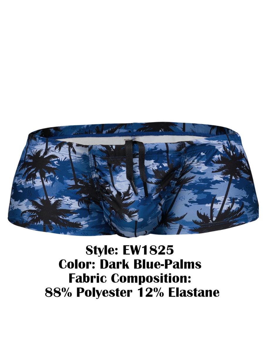Dark blue swim trunks with black palm tree pattern made of 88 polyester and 12 elastane by ergowear ew1825 feel sw