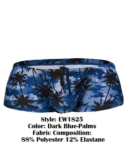 Dark blue swim trunks with black palm tree pattern made of 88 polyester and 12 elastane by ergowear ew1825 feel sw