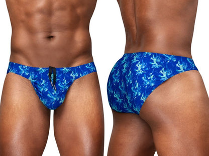 Blue floral-patterned swim bikini by Ergowear with a black front zipper in royal blue-palms color