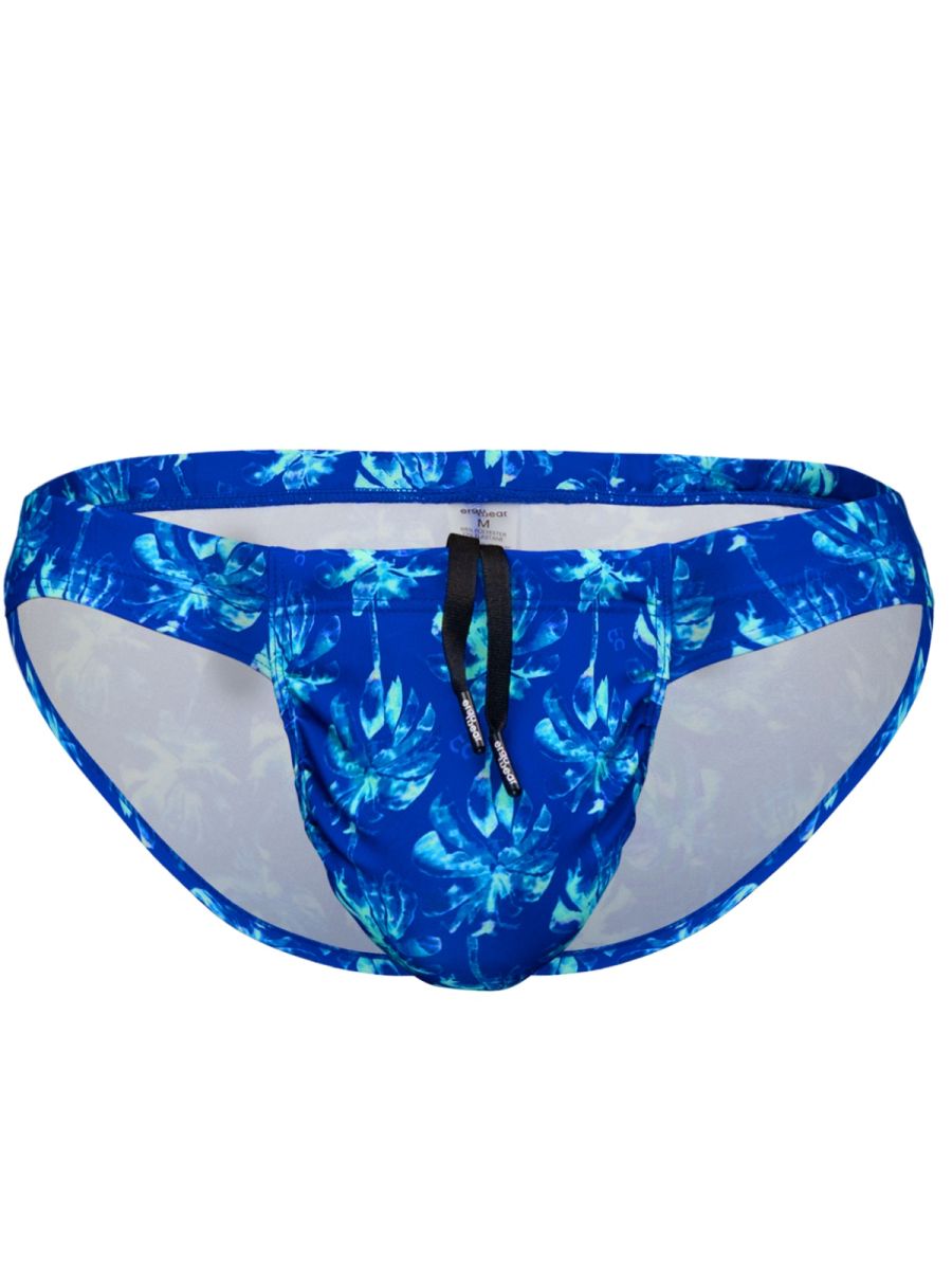 Blue tropical leaf-patterned swim trunks with black drawstring and mesh lining by ErgoWear in royal blue-palms color