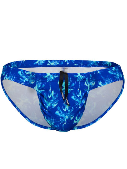 Blue tropical leaf-patterned swim trunks with black drawstring and mesh lining by ErgoWear in royal blue-palms color