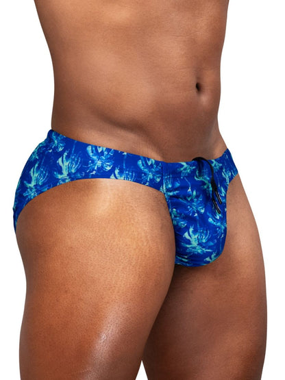 Blue swim trunks by ergowear featuring a vibrant tropical leaf pattern and black drawstring in royal blue