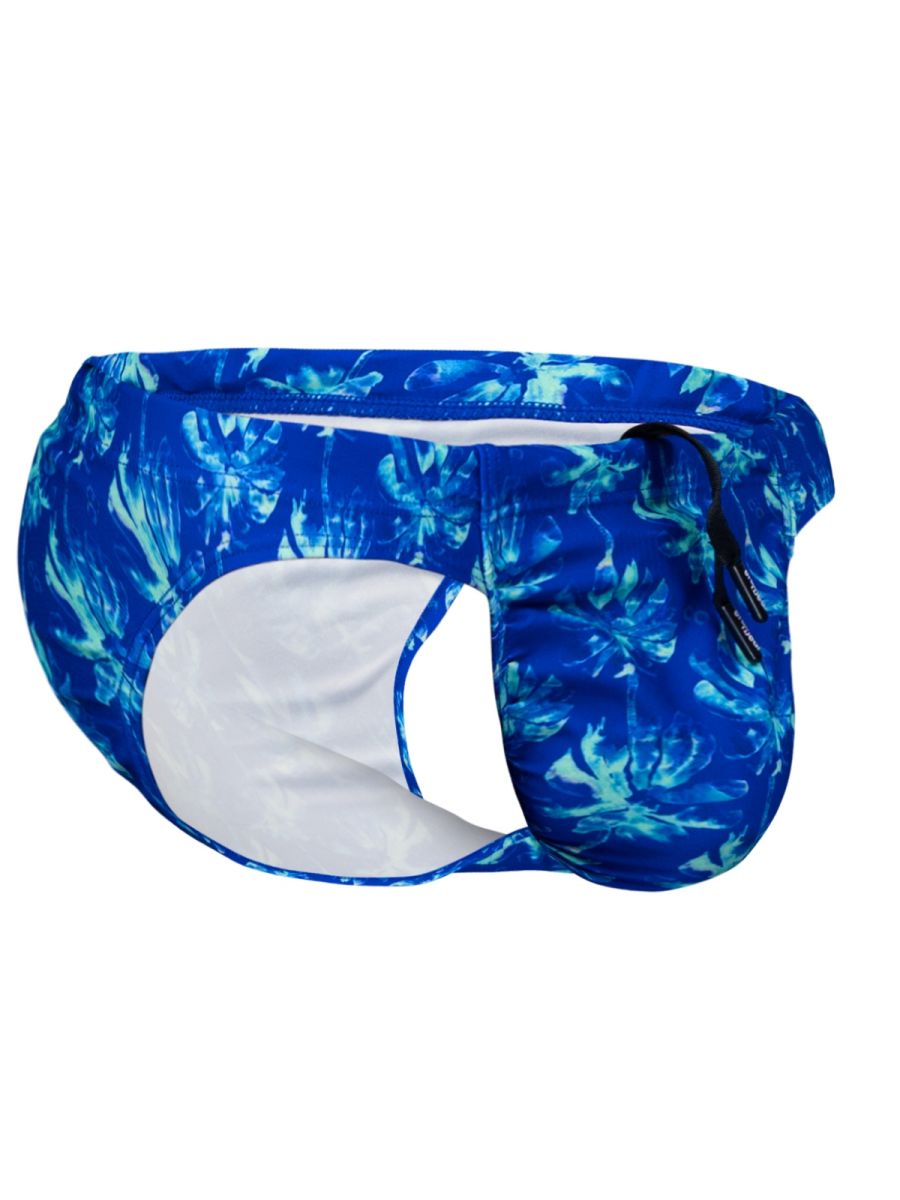 Blue and teal floral-patterned ErgoWear EW1826 FEEL SW swim bikini with white interior lining in royal blue palms color