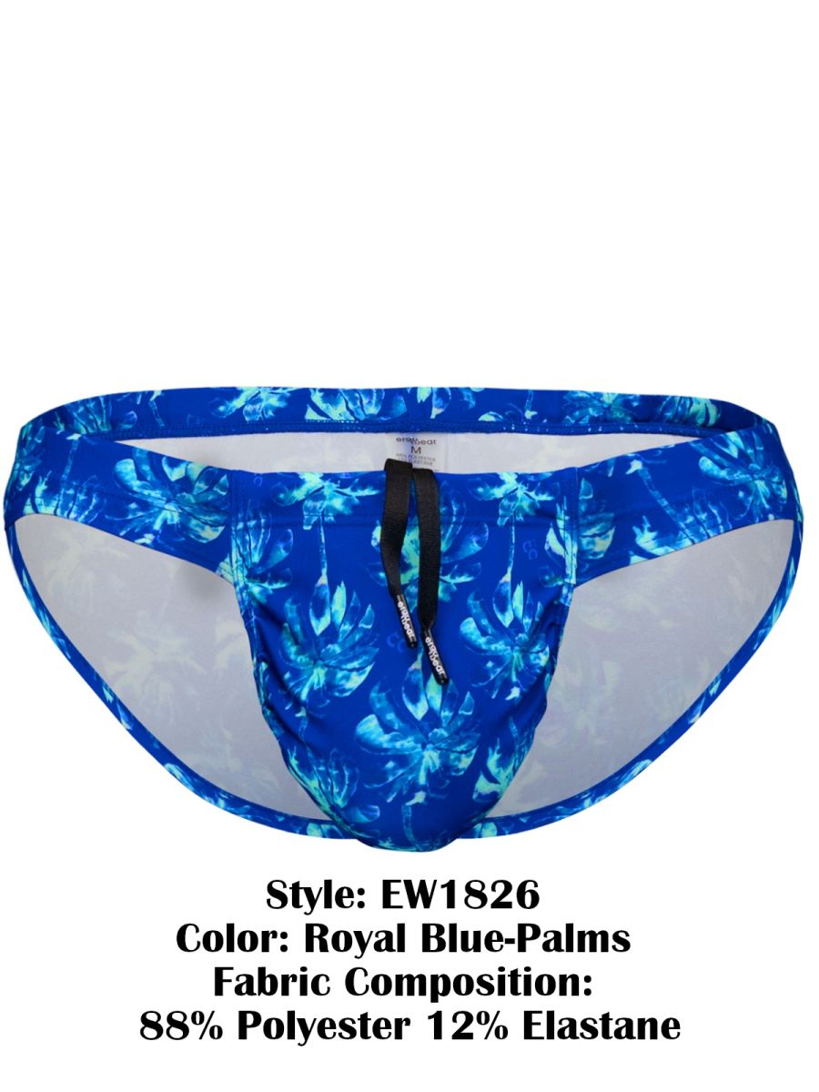 Ergo wear ew1826 feel sw swim bikini royal blue with tropical palm leaf pattern and black drawstring waistband