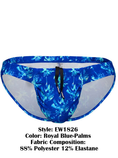 Ergo wear ew1826 feel sw swim bikini royal blue with tropical palm leaf pattern and black drawstring waistband