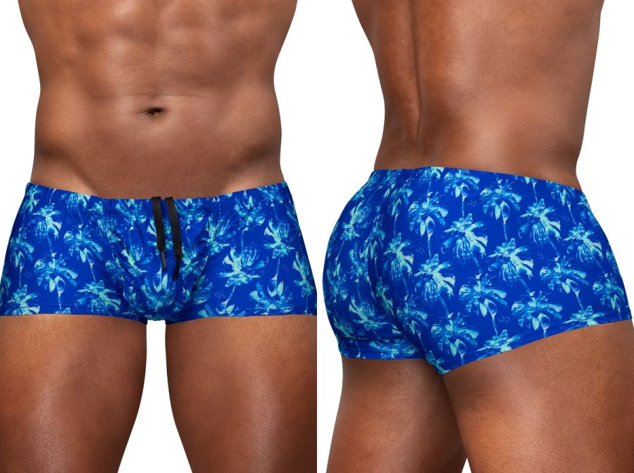 Ergowear ew1827 feel sw royal blue swim trunks with tropical palm pattern in lighter blue and white and black drawstrings
