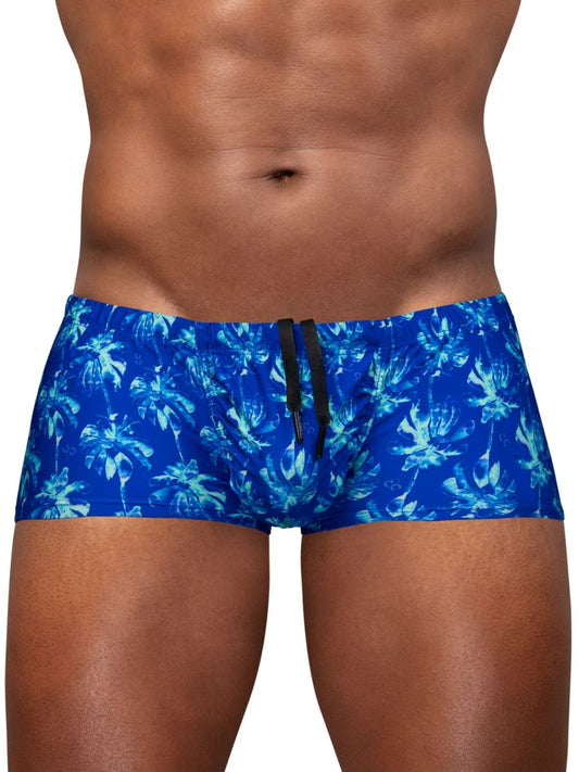 Blue royal palm swim trunks by ergowear with tropical pattern and black drawstring for beachwear