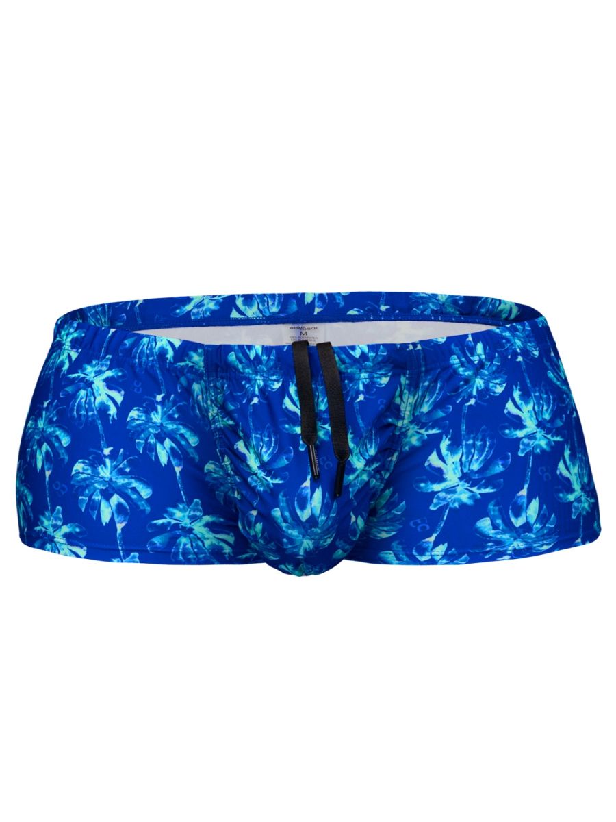 ErgoWear EW1827 feel SW royal blue swim trunks with tropical palm tree pattern and black drawstrings