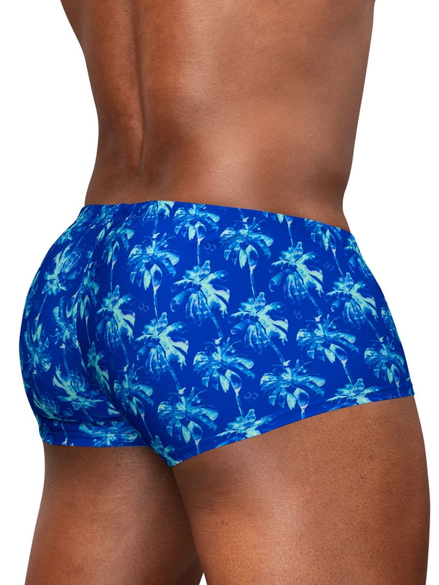 ErgoWear ew1827 feel sw swim trunks in royal blue with blue tropical palm tree pattern men’s briefs front view