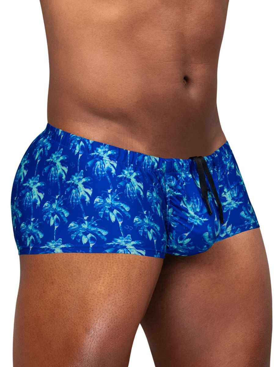 Ergowear ew1827 feel sw royal blue swim trunks with blue tropical palm pattern and black drawstring waistband