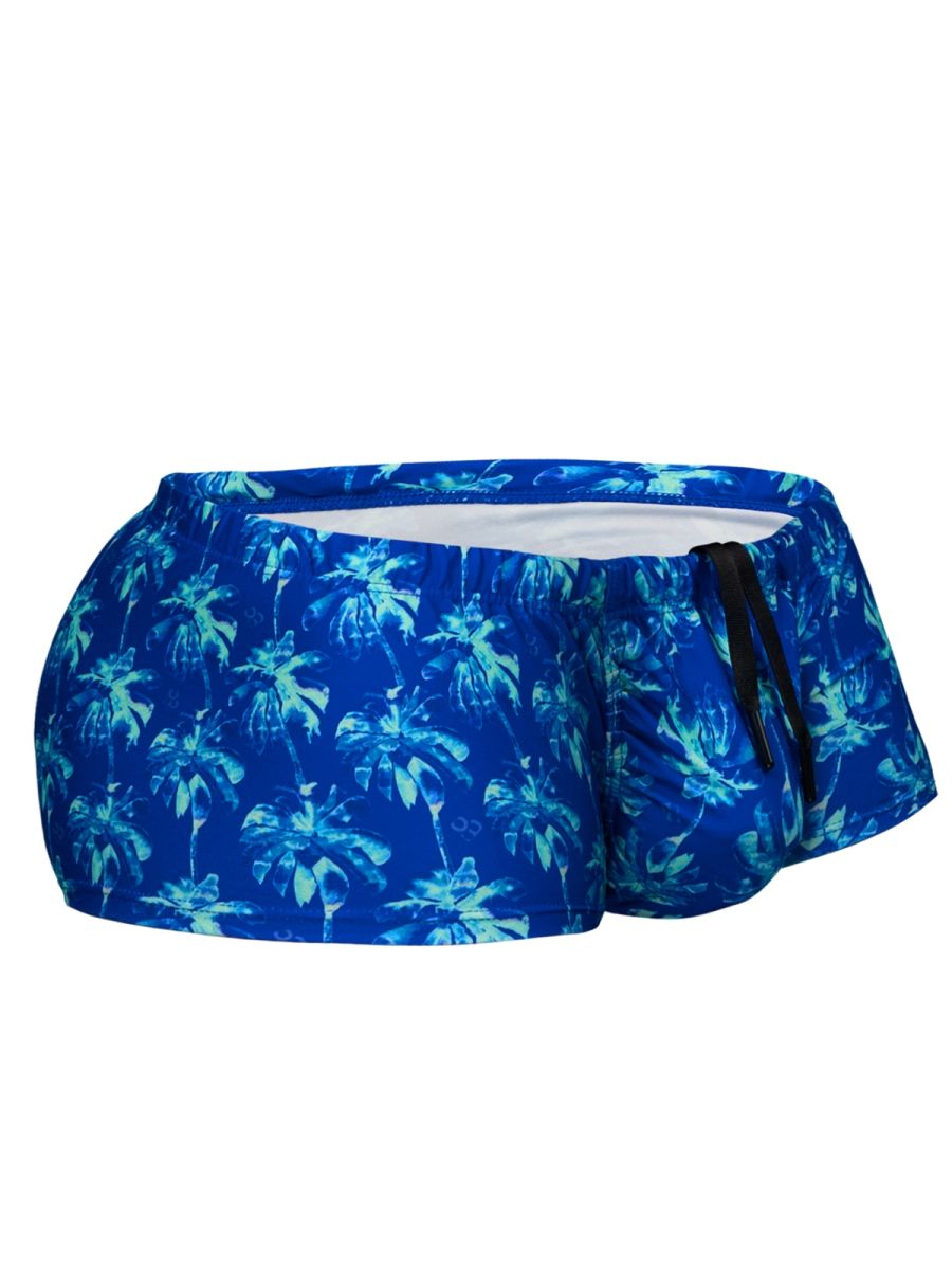 Blue ergoWear EW1827 FEEL SW swim trunks with vibrant tropical palm tree pattern and black drawstrings for adjustable fit