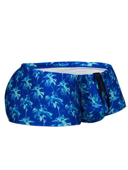 Blue ergoWear EW1827 FEEL SW swim trunks with vibrant tropical palm tree pattern and black drawstrings for adjustable fit