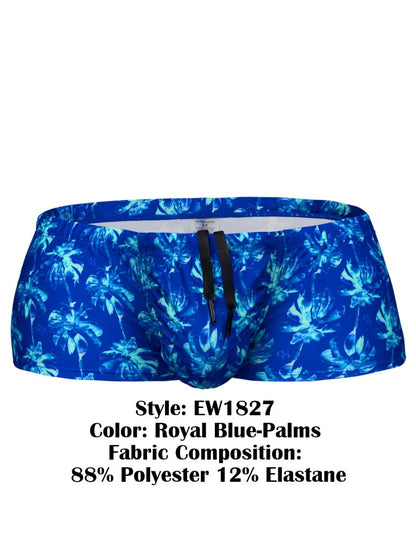 Royal blue ergo wear ew1827 feel sw swim trunks with vibrant palm tree pattern black drawstrings 88 polyester 12 elastane