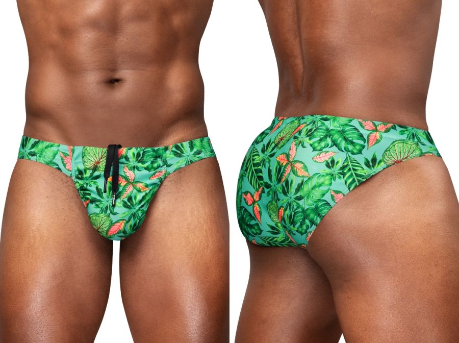 Vibrant green tropical leaf-patterned swim bikini with orange accents and black drawstring by ergowear in aqua-leaves color