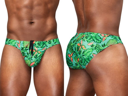 Vibrant green tropical leaf-patterned swim bikini with orange accents and black drawstring by ergowear in aqua-leaves color