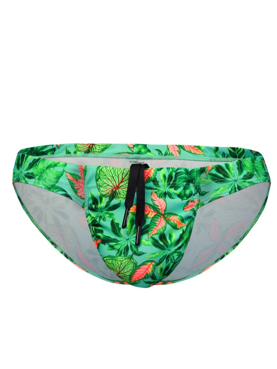ErgoWear ew1828 feel sw swim bikini in aqua-leaves with vibrant green and coral leaf-patterned fabric and black drawstring waistband