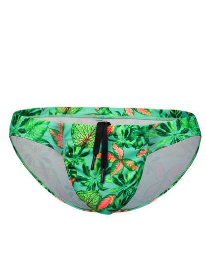 ErgoWear ew1828 feel sw swim bikini in aqua-leaves with vibrant green and coral leaf-patterned fabric and black drawstring waistband