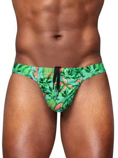 Ergowear ew1828 feel sw aqua-leaves swim bikini with green tropical leaf pattern and black drawstring waistband