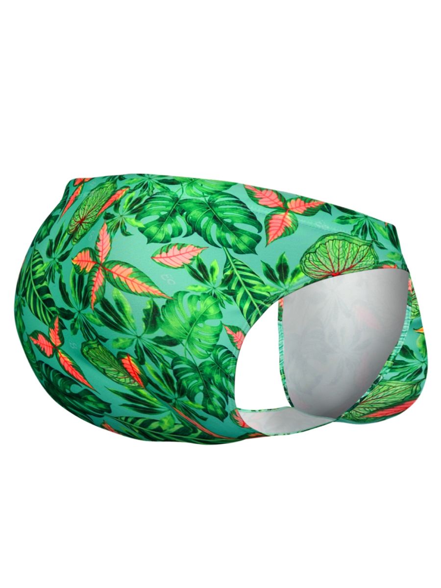 Vibrant green and coral tropical leaf patterned ergo wear ew1828 feel sw swim bikini in aqua with a sleek fit