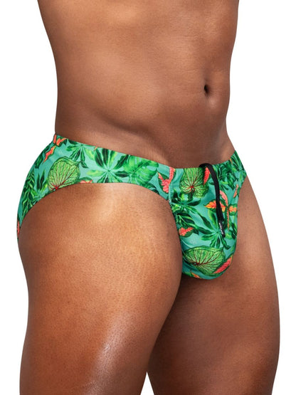 Vibrant green tropical leaf-patterned ErgoWear EW1828 FEEL SW swim bikini with orange and pink accents in aqua leaves color