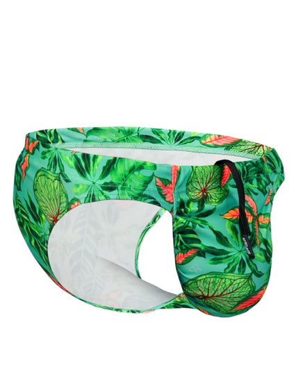 Green tropical leaf-patterned mens swim trunks with white lining and black drawstring by ergowear color aqua-leaves