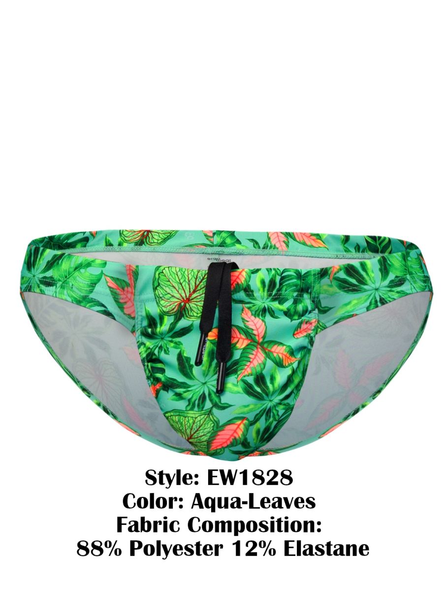 Ergo wear ew1828 feel sw aqua-leaves swim bikini with green and pink tropical leaf pattern and black drawstring