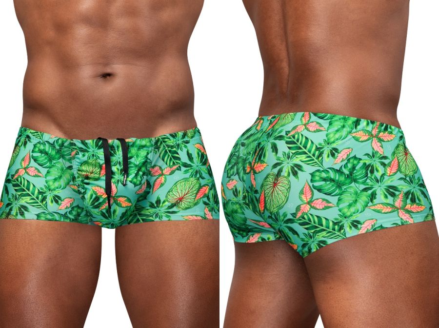ErgoWear EW1829 feel SW tropical leaf-patterned swim trunks in aqua green teal with orange accents for swimming