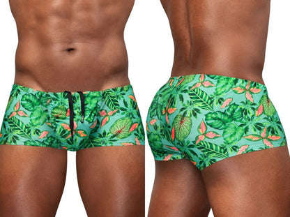 ErgoWear EW1829 feel SW tropical leaf-patterned swim trunks in aqua green teal with orange accents for swimming