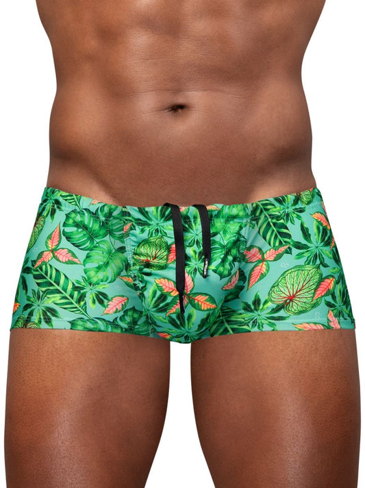 ErgoWear EW1829 FEEL SW swim trunks in aqua with green tropical leaf pattern and black drawstring for beach use