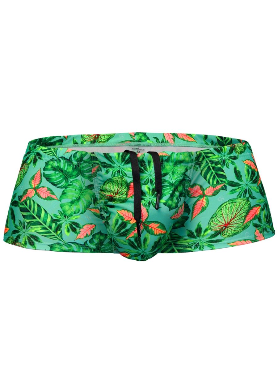 Ergowear ew1829 feel sw aqua-leaves swim trunks with green and pink tropical leaf pattern and black drawstrings