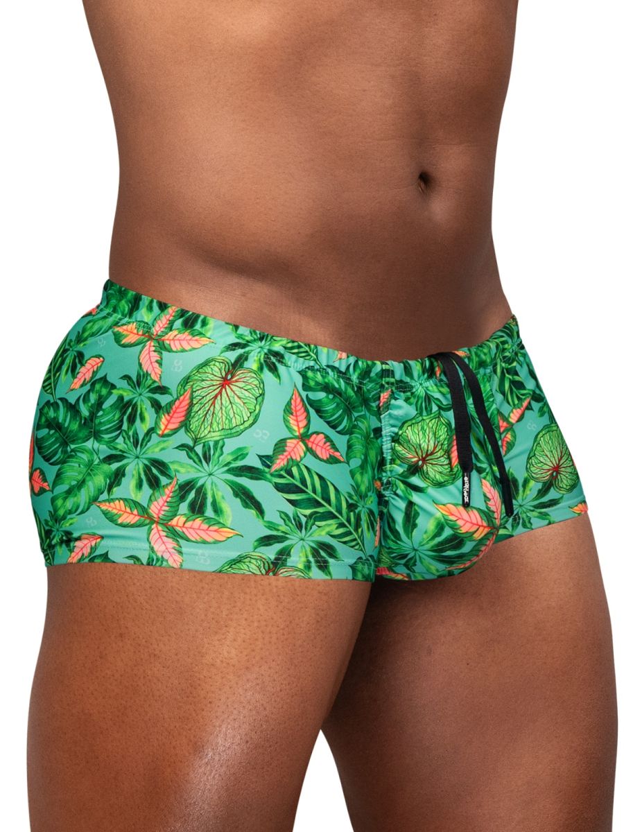 Ergowear ew1829 feel sw aqua-leaves swim trunks with green tropical leaf pattern pink accents and black drawstring