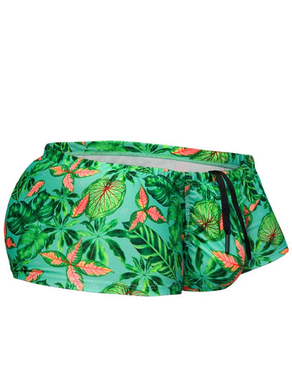 ErgoWear EW1829 FEEL SW swim trunks in aqua-leaves pattern with vibrant green and coral tropical leaf design and drawstring waistband