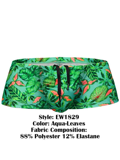 ErgoWear EW1829 feel SW swim trunks in aqua-leaves coral and green pattern made of 88% polyester 12% elastane