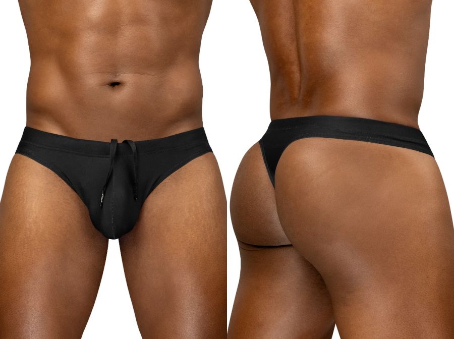ErgoWear EW1830 X4D SW black sleek form-fitting swim thong underwear with drawstring waistband front view